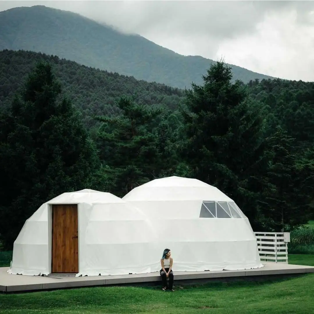 Custom Connected Geodesic Dome Tent 6M 4M Combination Modular Twin Dome House Large Glamping Resort Hotel Commercial Project OEM