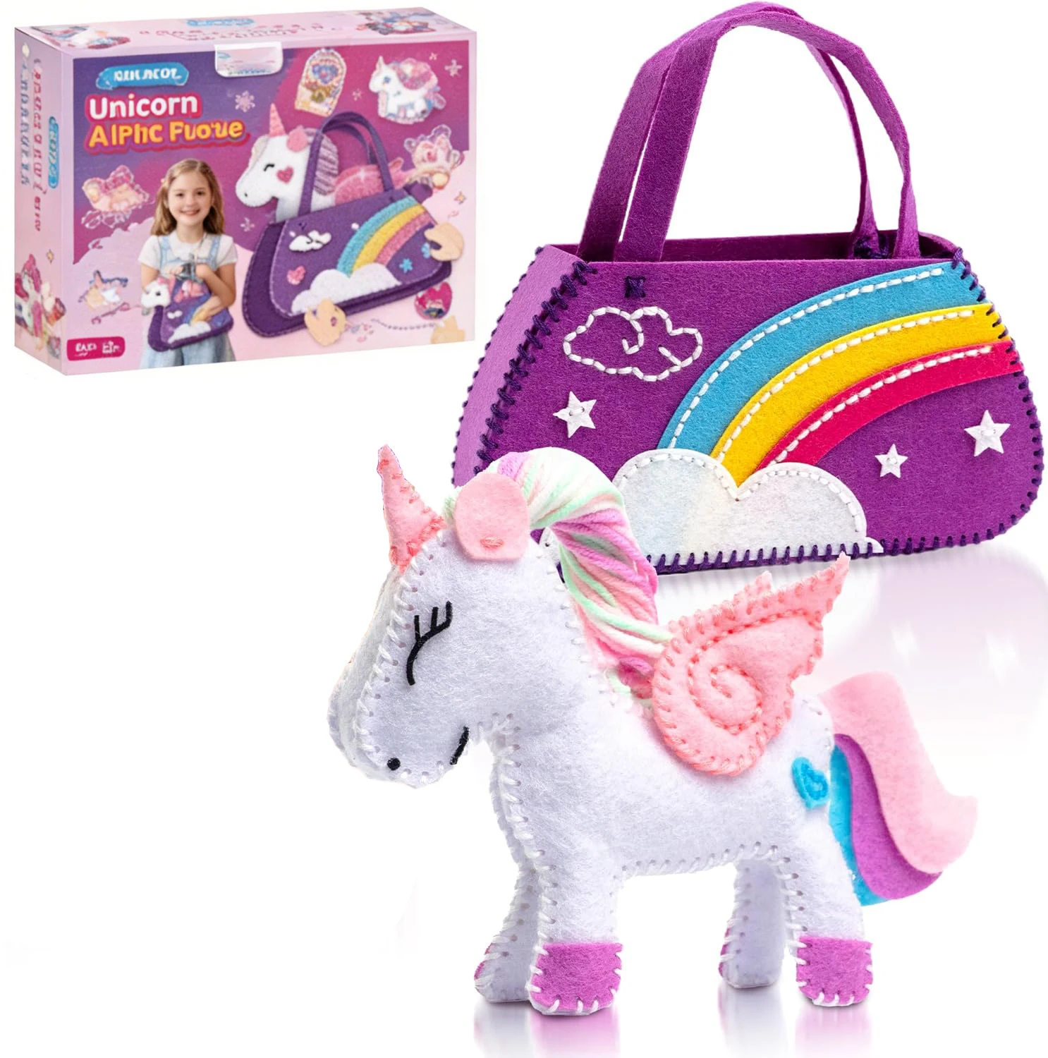 

Art Craft Supplies, Learn to Sew Embroidery Kit for Unicorn Purse Bags Picture Frame Pen Holder, DIY Felt Craft Gifts