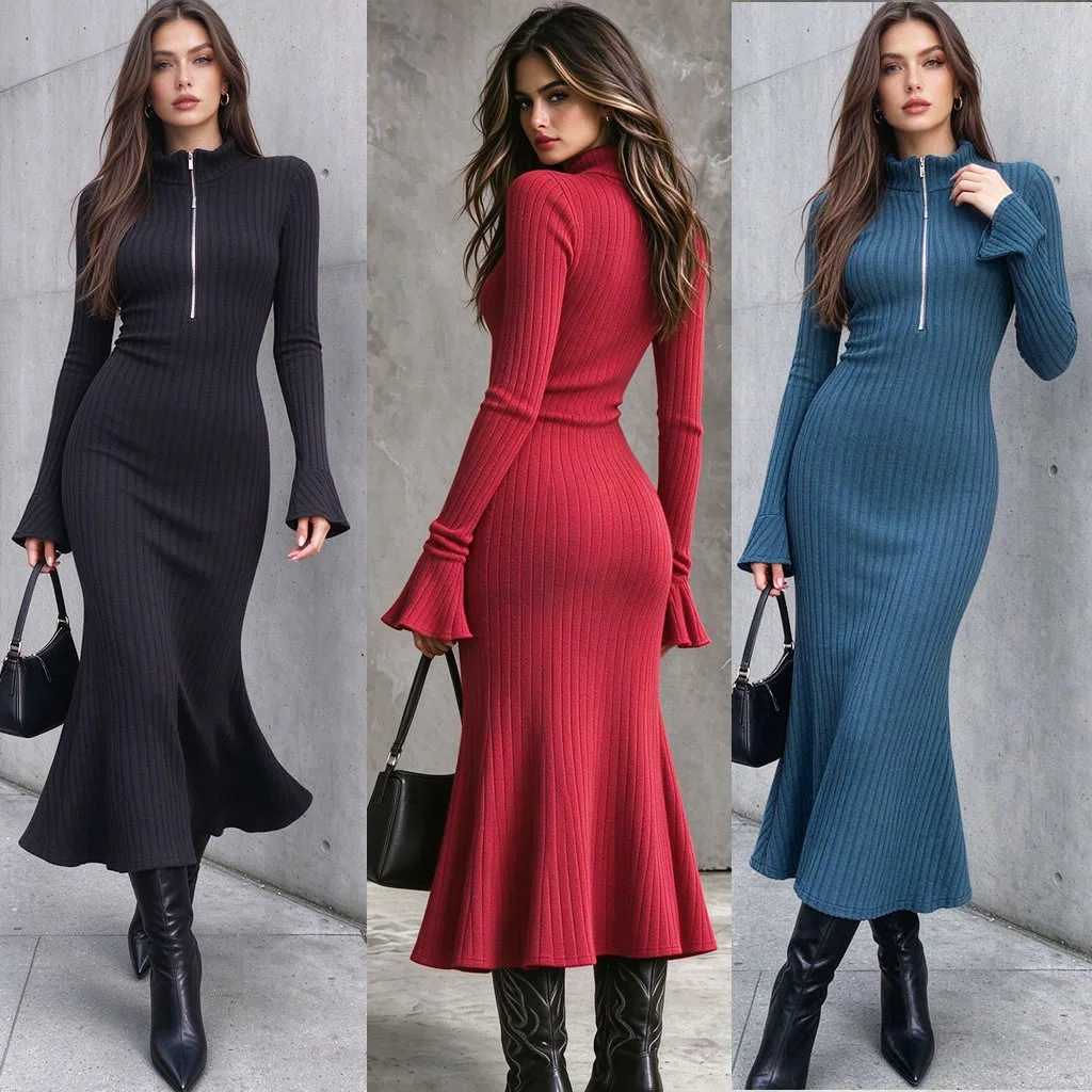European style half-zip front-opening pullover knitted dress with pleated long sleeves and fitted halter tail design. Suitable f