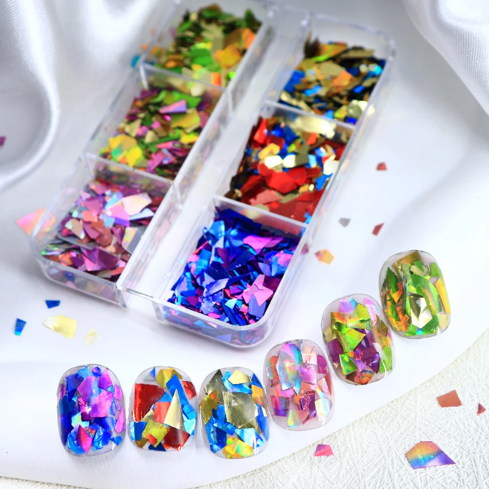 光沢のあるホログラフィックフラグメントネイルアートデコレーションミックスグリッター不規則なスパンコールジェルポリッシュマニキュアチャームフレンチネイルアクセサリー
