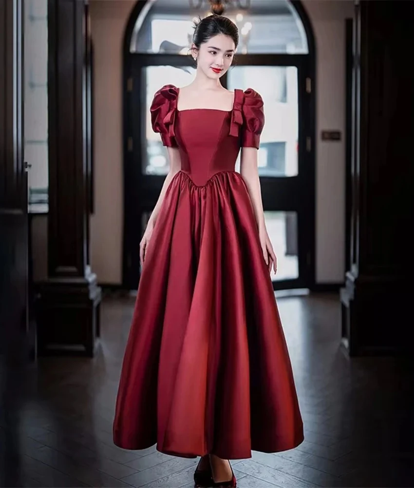 

Customized Graceful Satin A-Line 3D Bow Evening Dress High Quality Square Neck Short Sleeves Ankle Length After Party Dress