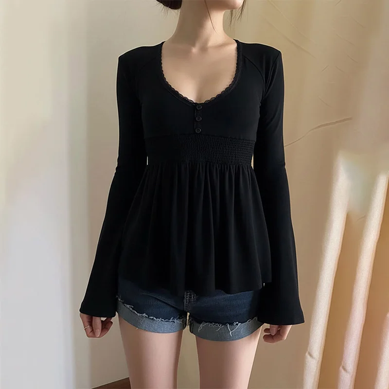 Summer Women Coquette Soft Girl Daily Lace Trim U Neck Button Front Smocked Waist Flare Sleeve Peplum Slim Fit Long T-Shirts