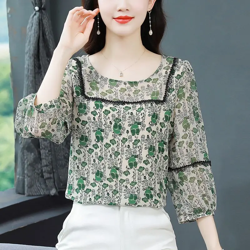 

Korean Fashion Summer New Women's O-Neck Printing Patchwork Puff Sleeve Casual Versatile Loose Three Quarter Chiffon Shirt Tops