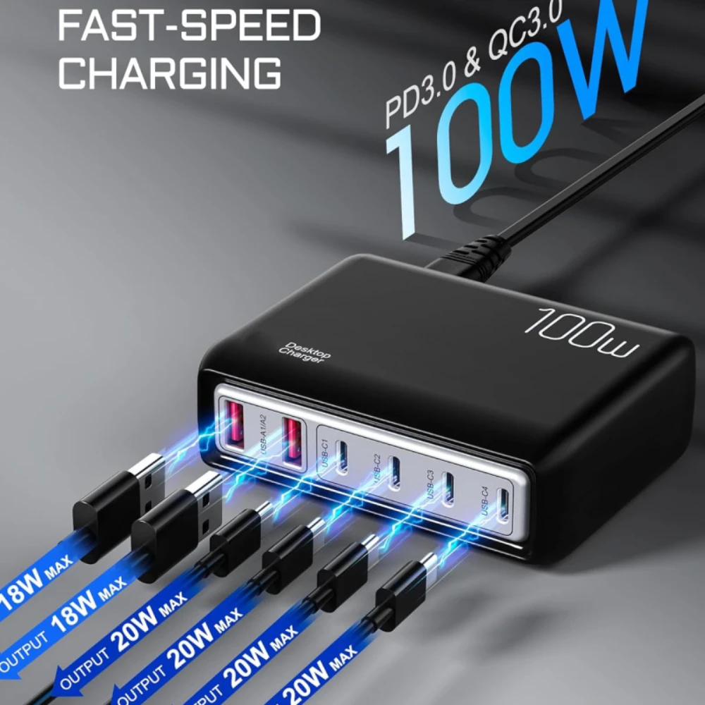 ILEPO 100W USB Charger Type C PD Fast Charging Multiple 6 Ports Desktop Charger Station Phone Charger For iPhone 14 15Pro Xiaomi