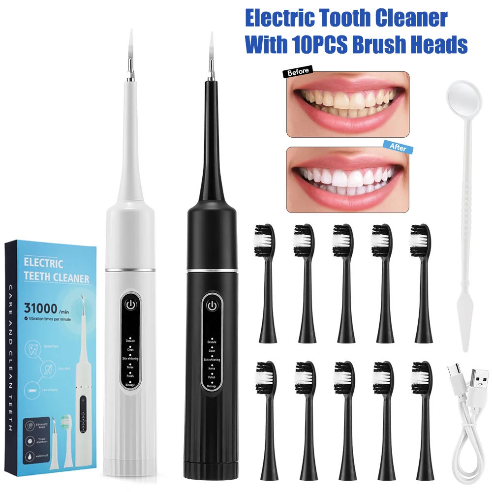 

Electric Dental Scaler Sonic Vibration Tooth Cleaner Teeth Whitening Plaque Calculus Tartar Removal Toothbrush 10 Replace Heads