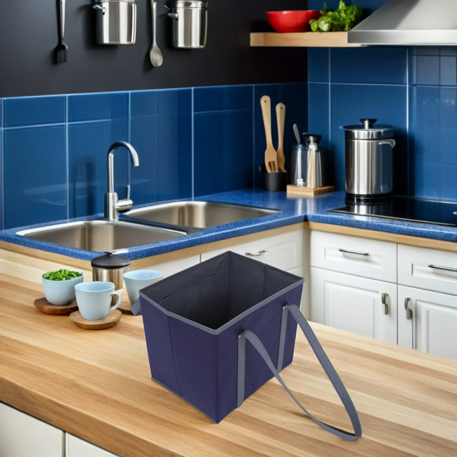 حقيبة تسوق كبيرة محمولة باليد قابلة لإعادة الاستخدام من القماش أكياس البقالة للنساء صندوق الوقوف على شكل صندوق تخزين محمول قابل للغسل #6