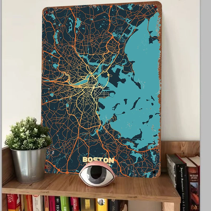 Boston City Map Metal Wall Art Modern Urban Decor for Home Office Living Room Decoration
