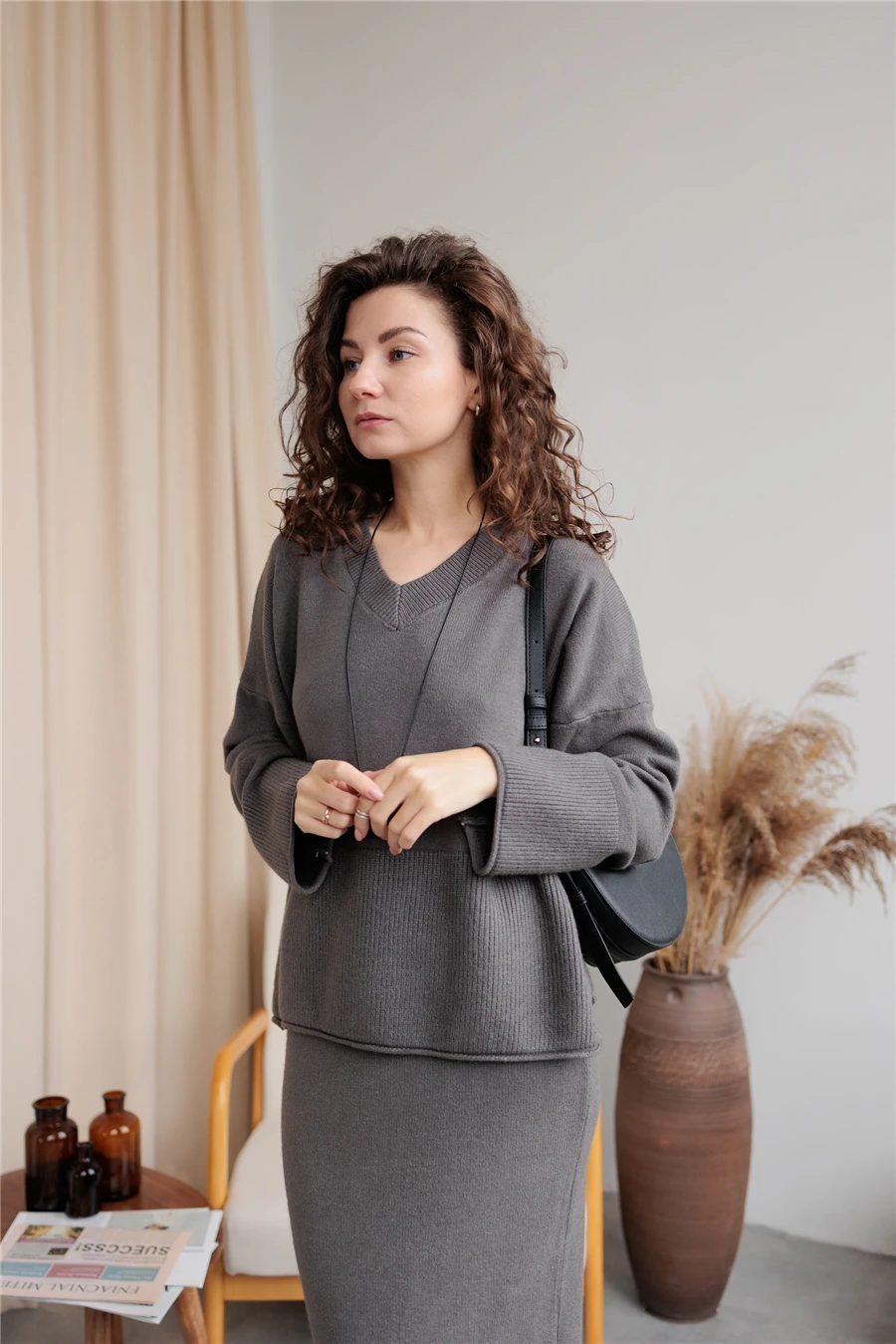 Hirsionsan Elegant Soft Vintage Women Suits 2 Piece Female Skirt Sets V Neck Split Sweater & Skinny Midi Dress Knitted TrackSuit