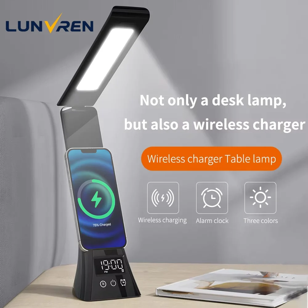 15W Wireless Charger Stand LED Desk Table Lamp With Alarm Clock 3 Colors Dimmable Desk Light Fast Charging Station for iPhone