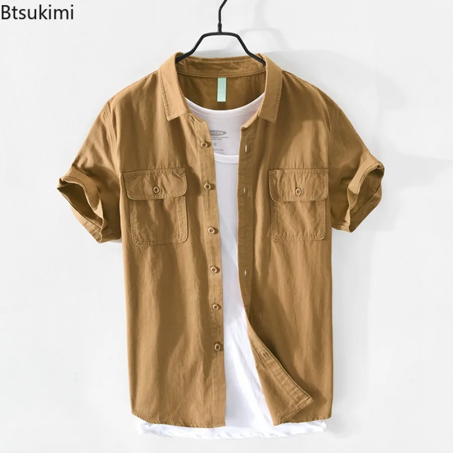 Summer Casual Short Sleeve Shirts for Men 2025 Fashion Simple Lapel Cardigan Double Pocket Design Men Cotton Vintage Shirt Coats