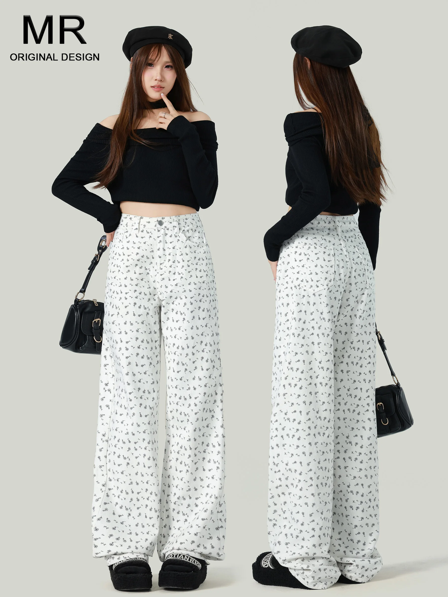 

Korean Style Floral Wide Leg Denim Jeans High Waist Loose Straight Cut Trousers for Women Casual Wear Autumn New Arrival