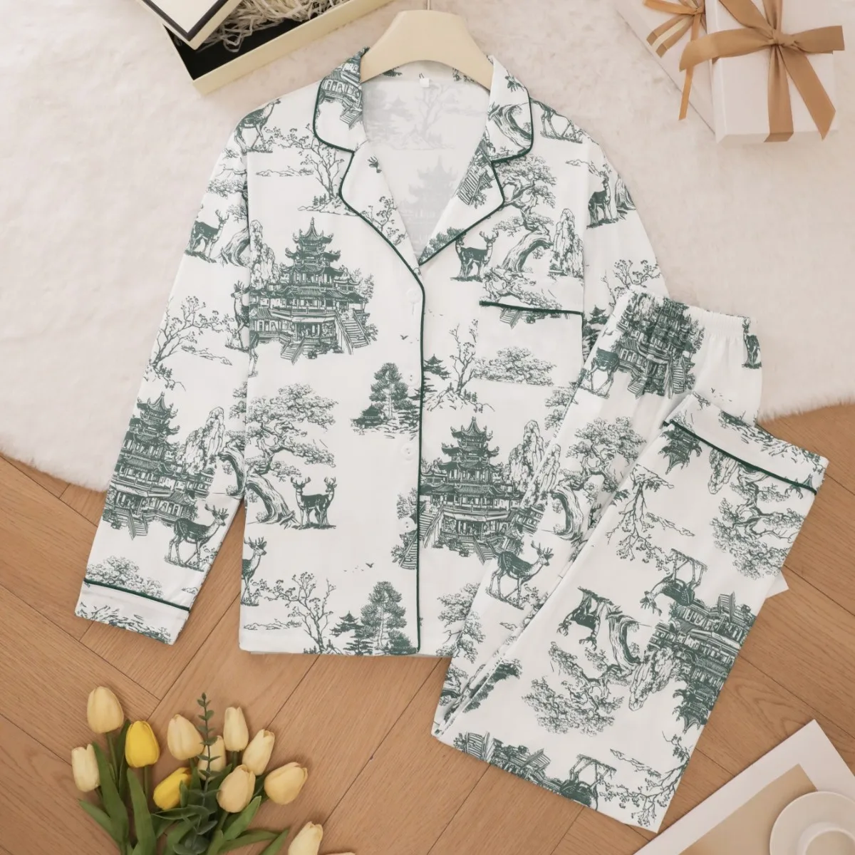Cute Womens Pajamas Set Floral Print  Fresh Style Notch Collar Long Sleeve Lounge wear  Comfy Homewear Pajama Outfit