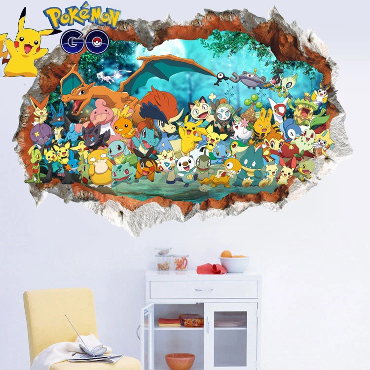 

90x60CM Pokemon Pikachu Cartoon Wall Sticker Anime Characters Charizard PVC 3D Simulation Painting Children's Bedroom Decoration