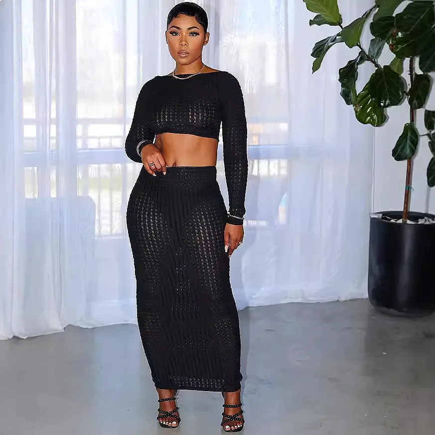 Sexy Hollow Mesh Long Sleeve Top + Bodycon Skirt Matching Set Women Spring Summer Casual Jumpsuit Playsuit