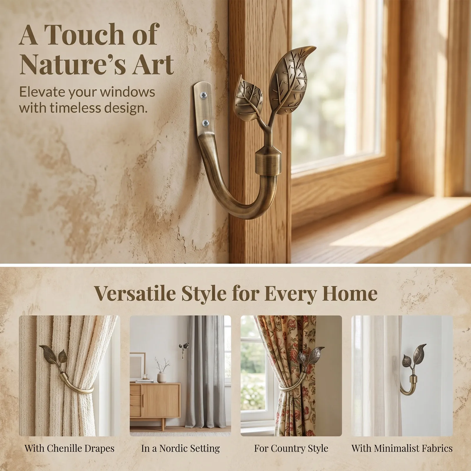 Leaf-Shaped Wall-Mounted Curtain Holdbacks – 2pcs Elegant Drapery Tiebacks for Living Room & Bedroom Window Decor