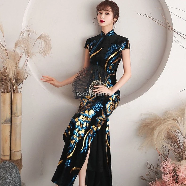 2024 temperament banquet formal dress gold graceful gorgeous thread embroidery qipao dress new retro improved chinese cheongsam