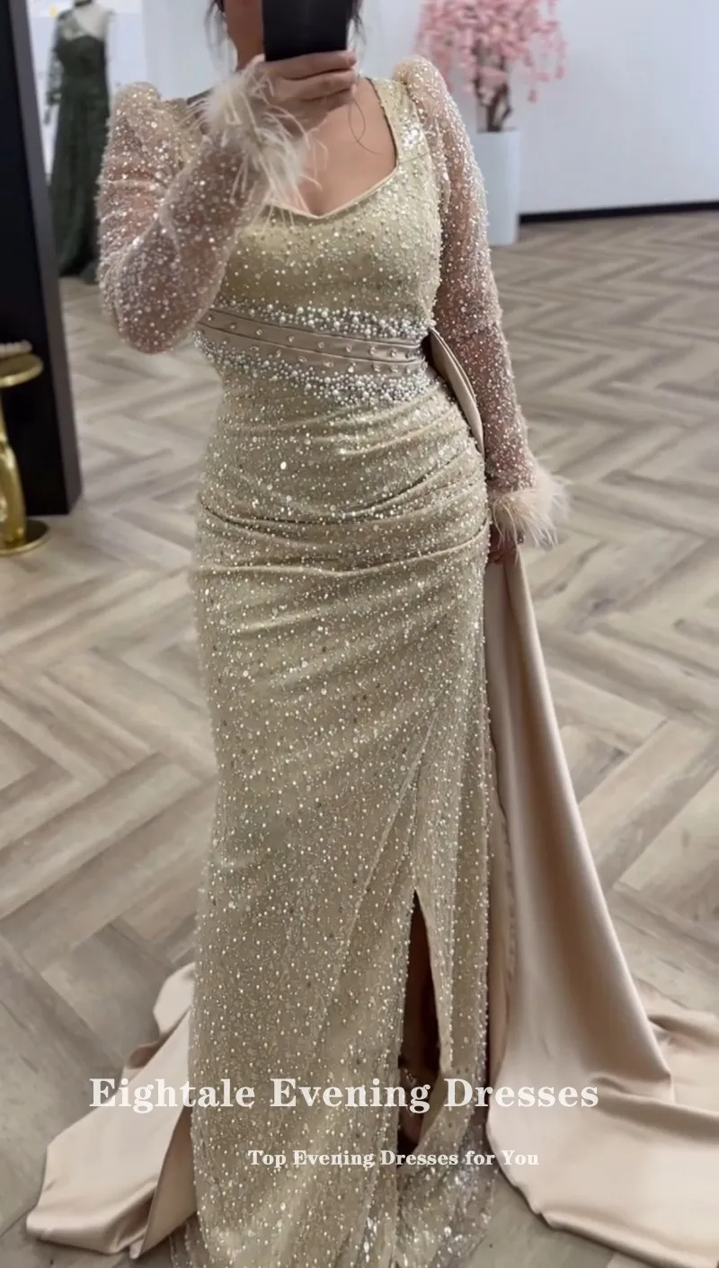 Eightale Luxus-Abendkleider mit Pailletten, individuellem Gürtel, Meerjungfrau-Abschlussballkleid mit Federperlen, langen Ärmeln, Hochzeits-Partykleid