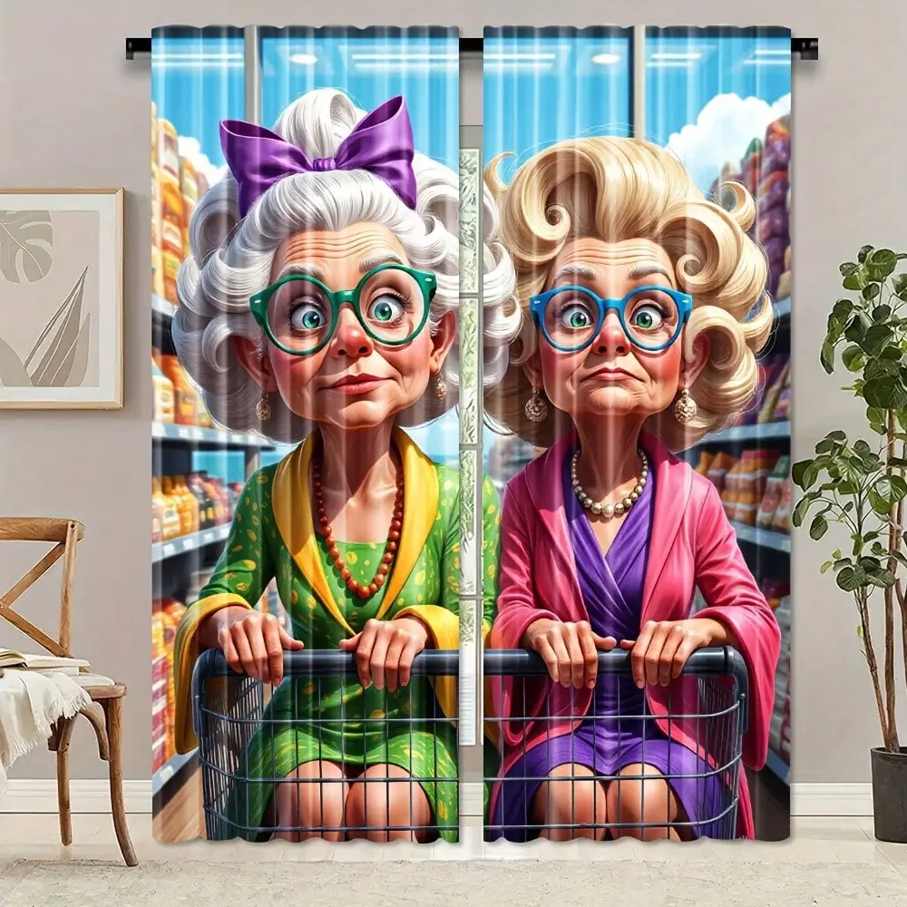 

2pcs, Elegant Cartoon Granny Digital Art Pattern Curtains, Material, Rod Pocket Design, Light-Filtering Drapes For Living Room