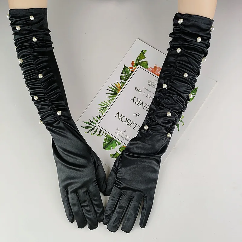 Women Gloves Satin Silk Ruched Long Pearl Fashion Black Ceremonial Gloves Female Cosplay Nightclubs HTL18