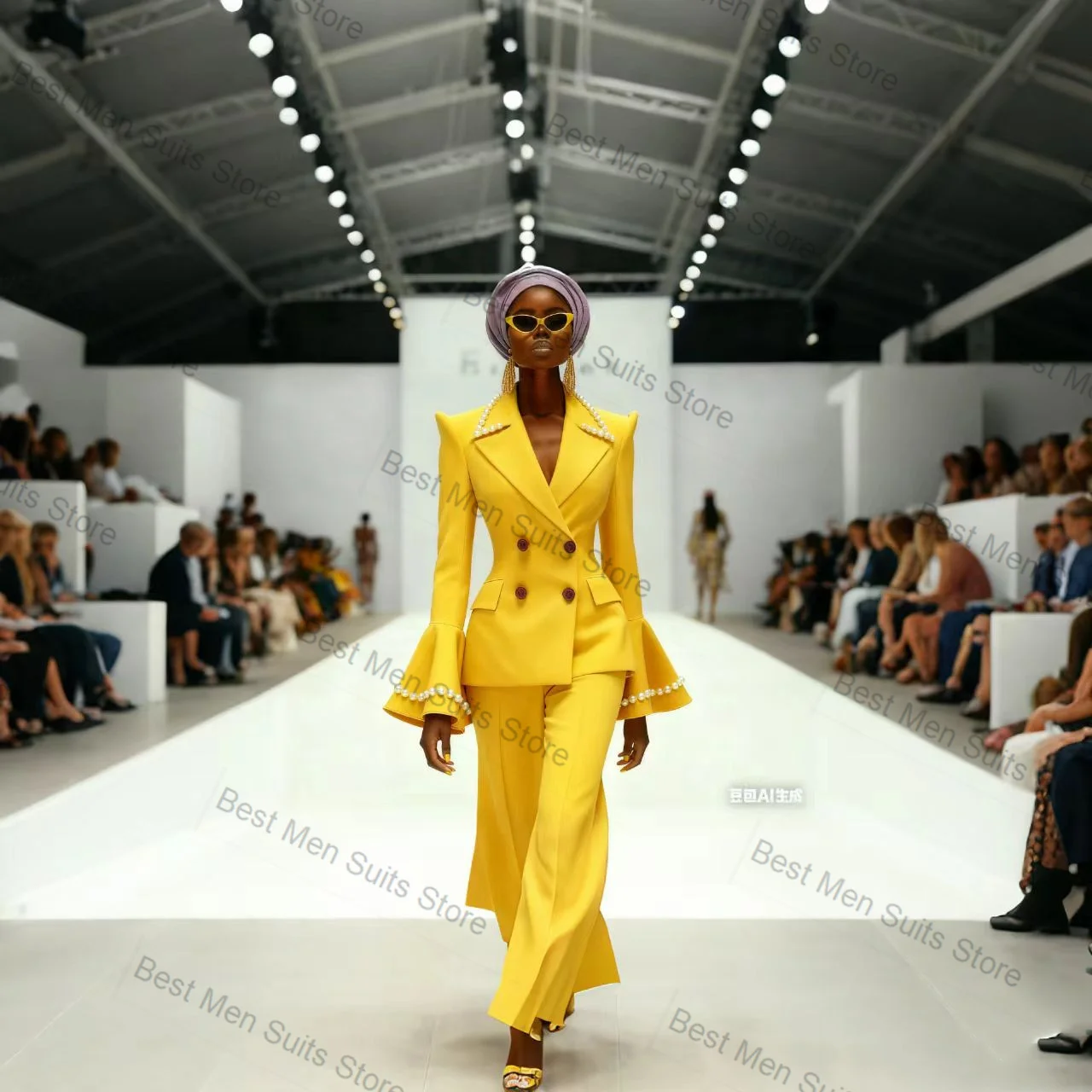 Pearls Women Suit Set 2 Pcs Blazer Pants Trousers Yellow Spring Cotton Formal Office Jacket Customized Wedding Tuxedo Guest Coat