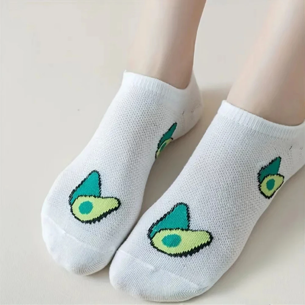 5 Pairs Avocado Crew Ankle Socks Cartoon Fresh Fashion Breathable Summer And Autumn Kawaii Comforts Women\'s Low Cut Boat Socks