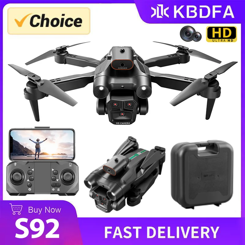 KBDFA S92 Triple Camera HD 1080P Drone Esc Obstacle Avoidance Brush Motor WIFI FPV Optical Flow Remote Control Quadcopter Toys