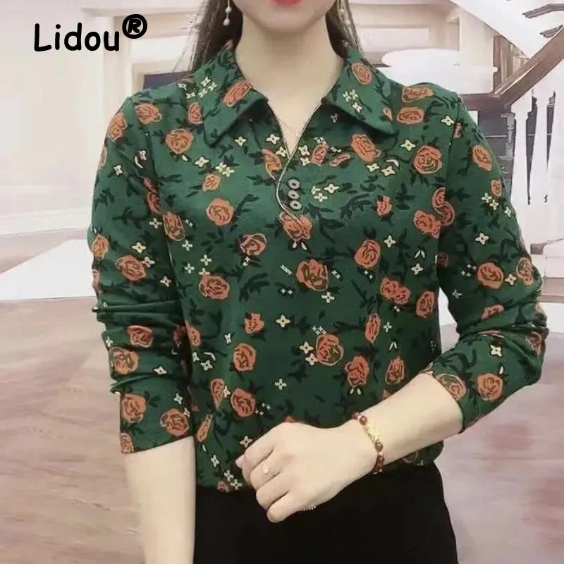 

Middle-aged Elderly Women Clothing Autumn Vintage Fashion Floral Print Polo Collar Loose T Shirt Ladies Casual Long Sleeve Tops