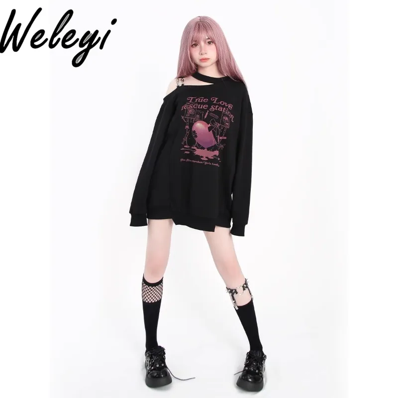 Jirai Kei Pullover Mid Length Hoodies Women's 2024 Spring and Autumn Sweet Streetwear Off Shoulder Terry Halter Loose Sweatshirt