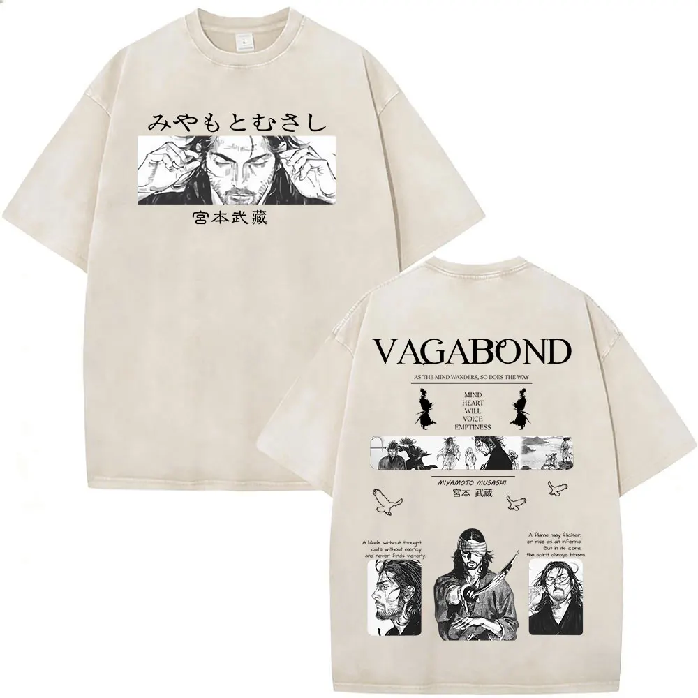 Vintage Washed Japanese Anime Vagabond Miyamoto Musashi T-shirts Unisex Clothing Fashion Casual Short Sleeve T Shirts Cosplay