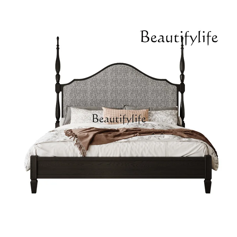 

French retro old Paris solid wood double bed American country soft bag bed high back fabric jacquard bed