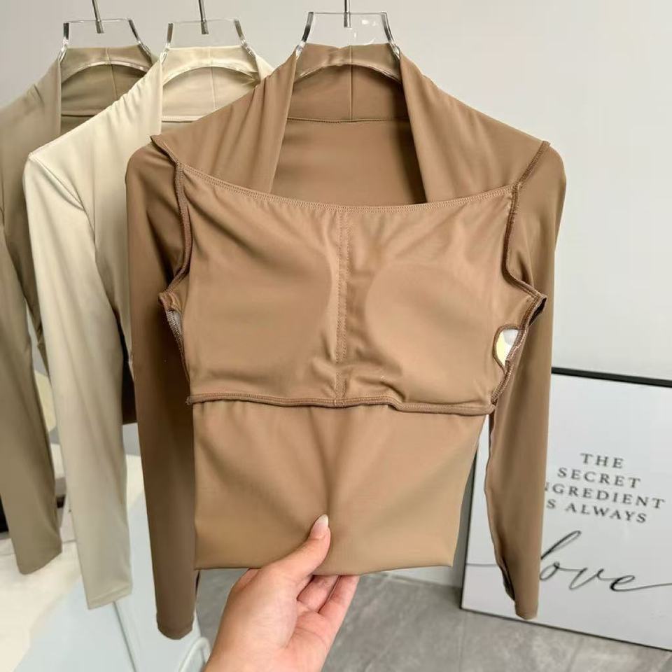  Fitness Chest Cushion Sports Top Women Long Sleeve Shirts Pra Speed Up Short Elegant Dance Yoga Clothes Small Waistband Gym 