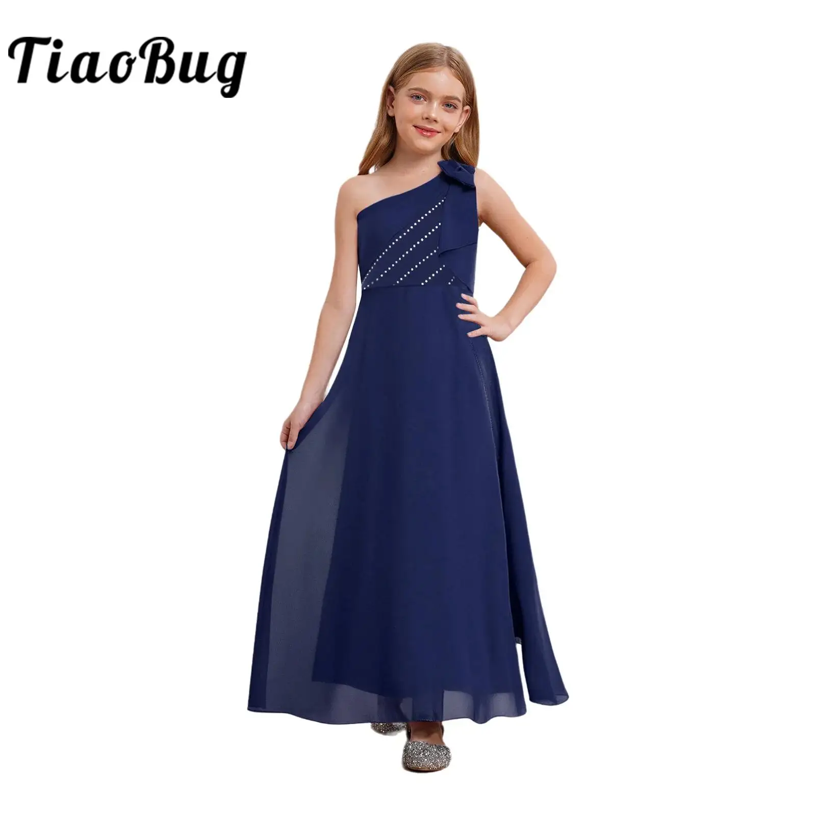 

One Shoulder Chiffon Formal Flower Girl Dresses Junior Bridesmaid Dress for Kids Banquet Wedding Sleeveless Bowknot Party Gown