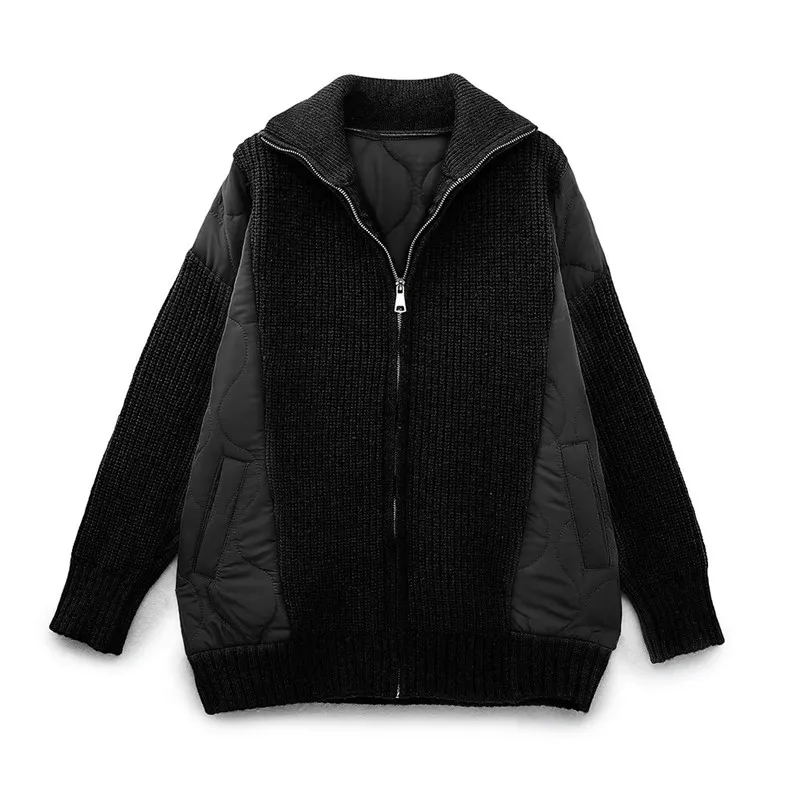 

Autumn Winter New Faionable Women's Zipper Collar Versatile Knitted High Collar Patchwork Cotton Jaet Outerwear