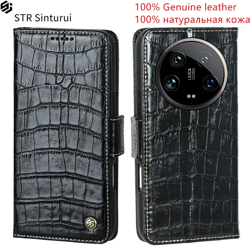 

STR Genuine leather crocodile grain card Slot Wallet Cover For Xiaomi 13 14 Ultra 14T 13T Pro Lite Flip shockproof phone Case
