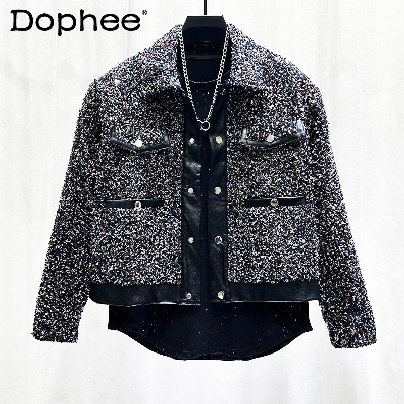 

2024 New Trendy Male Retro Splicing Leather Jackets Men's Personality Design Jackets Sequined Woolen Small Fragrant Short Coats