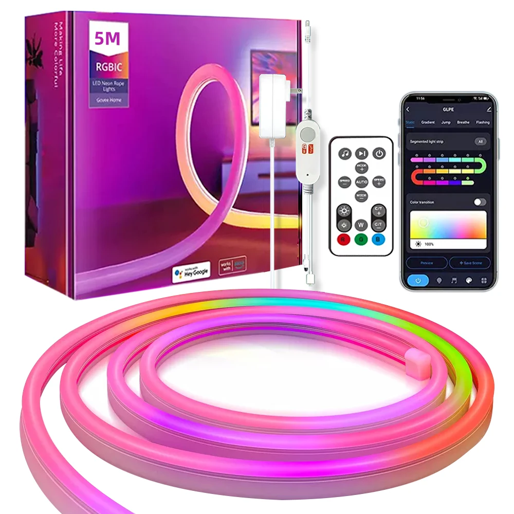 

Good Price IP67 16.4ft 5m RGB IC Christmas Home Decor DIY Tuya App Remote Voice Control Flex Bendable LED Neon Rope Strip Lights