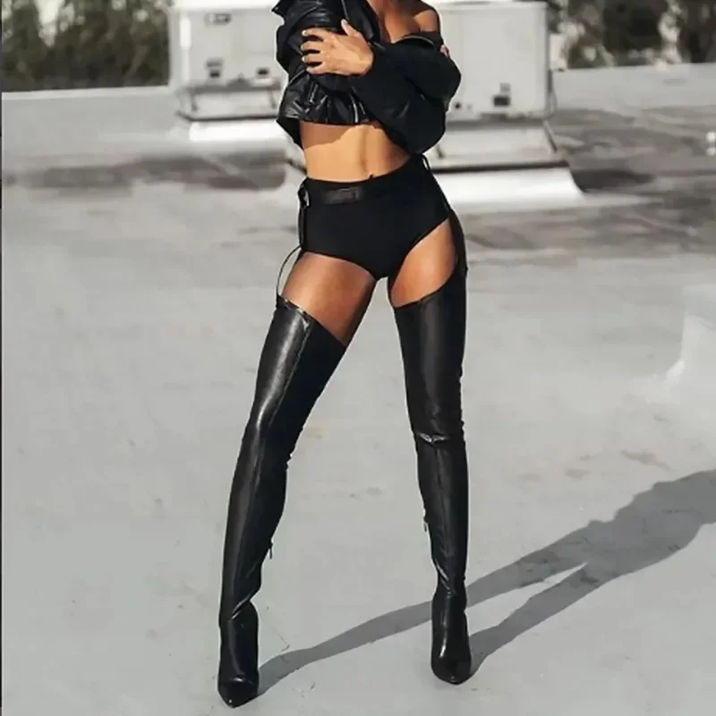 Sexy/Club Long Thigh High Women Boots Genuine Leather Pointed Buckle Belt Thin High Heel Over-the-knee Jumpsuit Boot Shoe