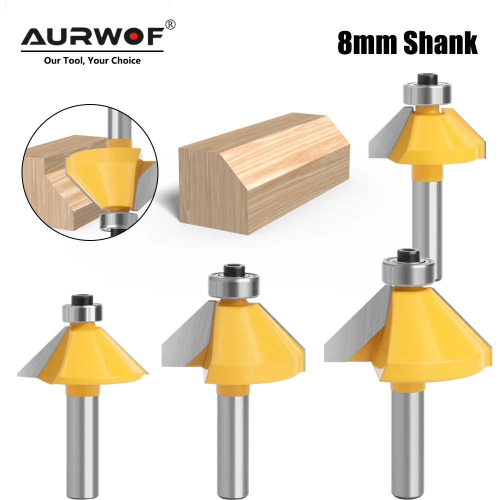 AURWOF 1pc 45 Degree Lock Miter Router Bit 8mm Shank Woodworking Chamfer Cutter For Cabinet Door Frame Joinery MC02021S