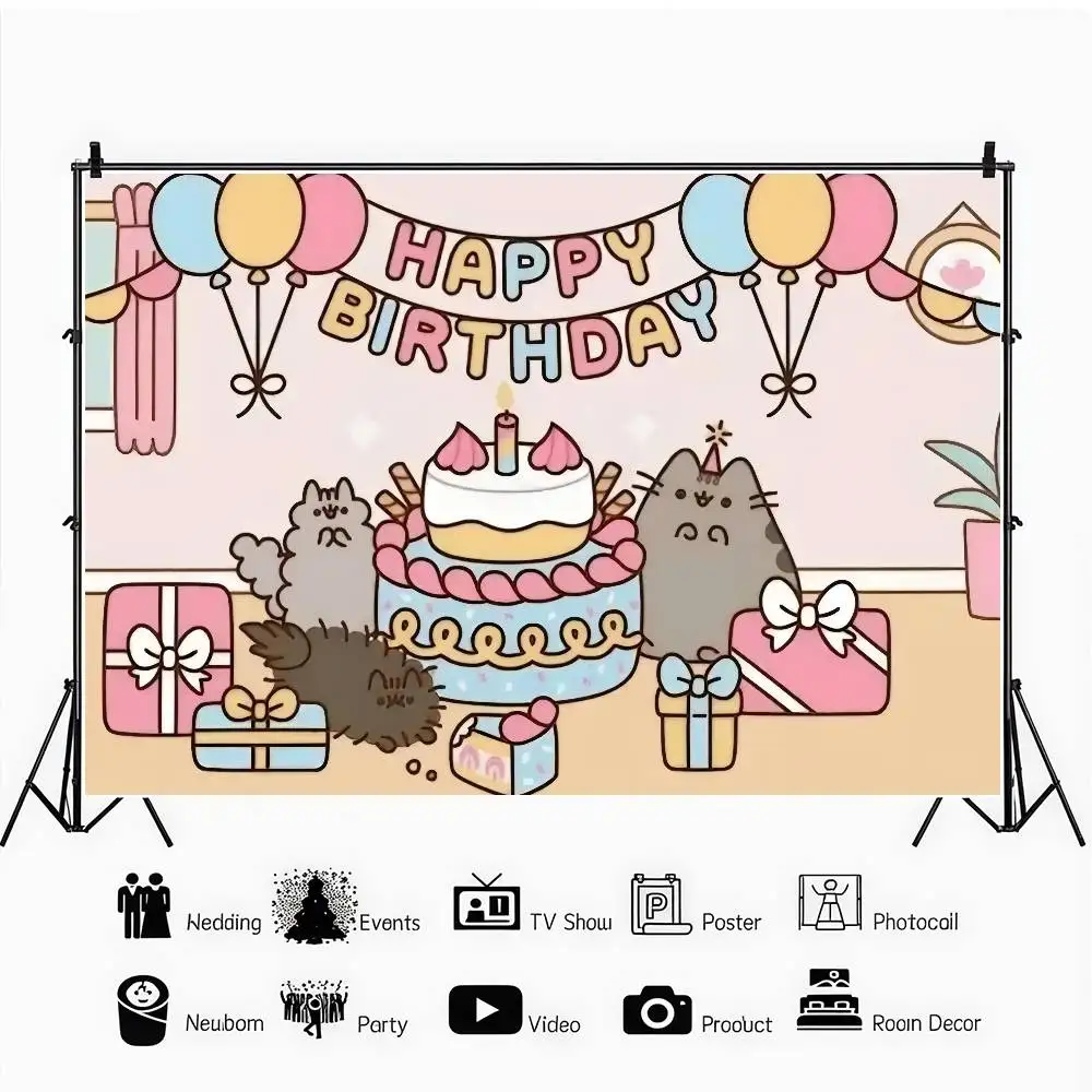 Anime P-P-Pusheen Katze Geburtstag Hintergrund Produktfotografie Requisiten Fotostudio Party Dekoration Tapeten – Detail 7
