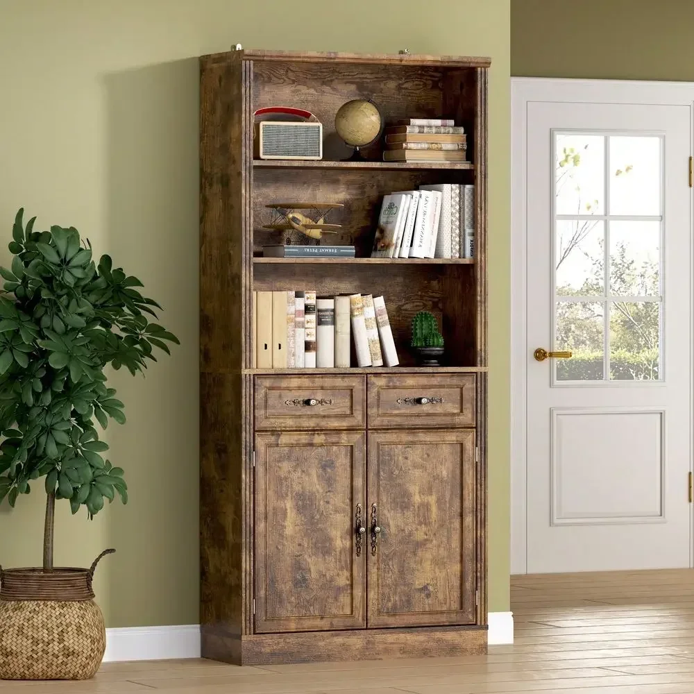 Bookcase With Doors And Drawers, Adjustable Shelves, P2 MDF Construction, Freestanding Cabinet With Metal Handles, Hidden Stora