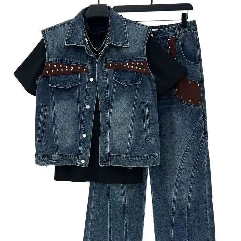 Rivet leather sleeveless denim vest trousers suit men's summer