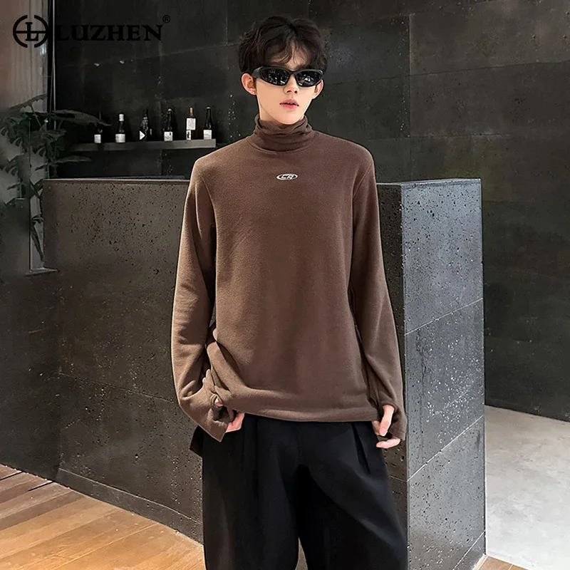 

LUZHEN 2025 модные оригинальные лоскутные футболки с логотипом и длинными рукавами, мужские новые красивые элегантные однотонные водолазки JY5408