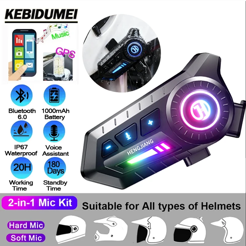 

KEBIDUMEI мотоциклетная Bluetooth 6.0 гарнитура для шлема 1000 мАч мотоциклетные наушники громкой связи с RGB окружающим освещением IP67 водонепроницаемые