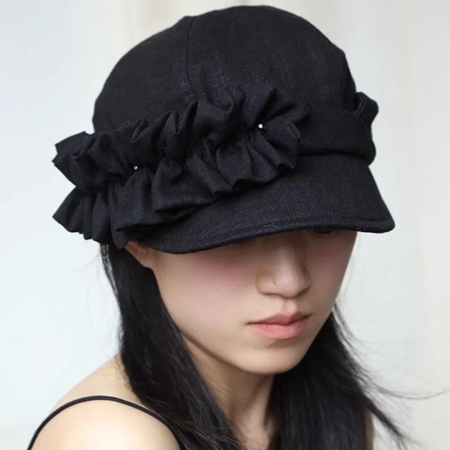 Vintage Crinkled Cotton Linen Newsboy Cap for Women Black Jockey Equestrian Style Baker Boy Hat Niche Lady Sun Protection Cap