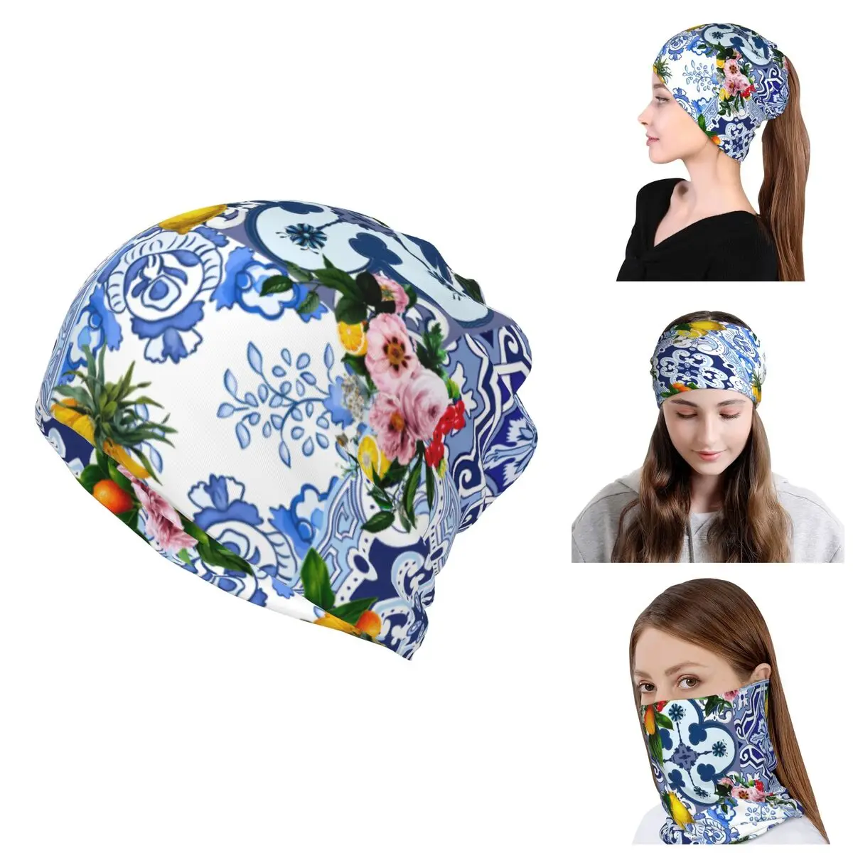 Custom Blue Sicilian Tiles Lemons Skullies Beanies Caps Bandana Neck Gaiter UV Face Scarf Cover Headwear Tube Balaclava