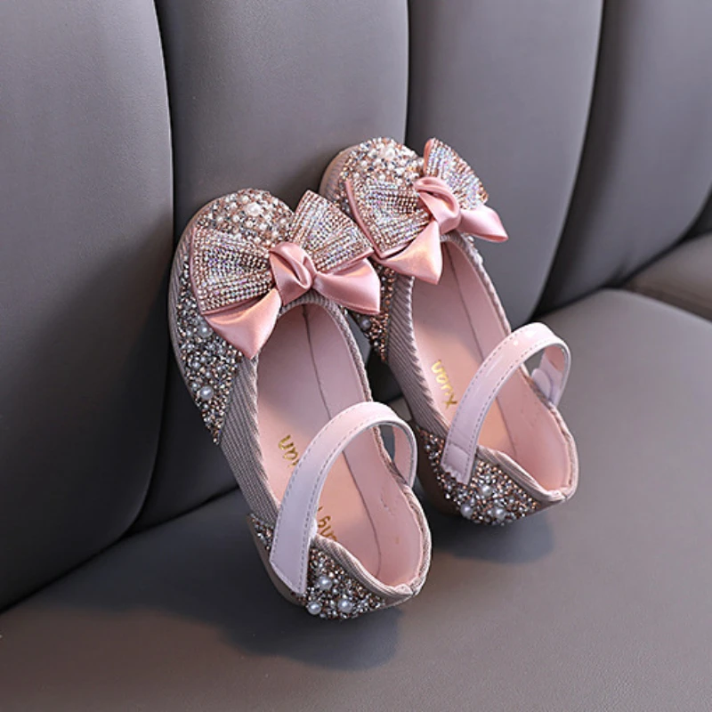 New Kids Girls Princess Leather Shoes Girls Dance Diamonds Bowknot Shoe Child Wedding Party Students Performance Soft Flat Shoe