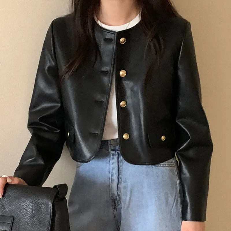 Veste noire en cuir à simple boutonnage pour femmes, vestes courtes à col rond, streetwear vintage, style coréen, nouvelle mode