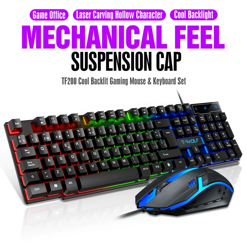 T-WOLF TF200 RGB Mechanical Gaming Keyboard And Mouse Combo Wired USB Connection with Texture Design And Mechanical Buttons