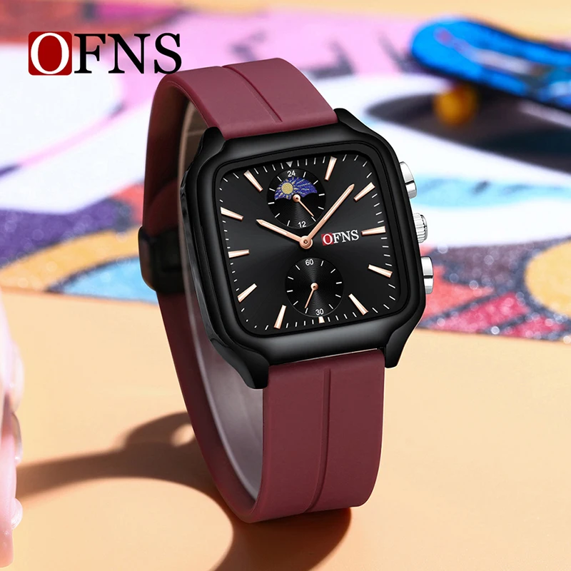 OFNS 7504 Jam Tangan Tali Silikon Wanita Fase Bulan Fashion Mewah Jam Tangan Kuarsa Muda Analog Kasual untuk Pelajar Pria dan Wanita