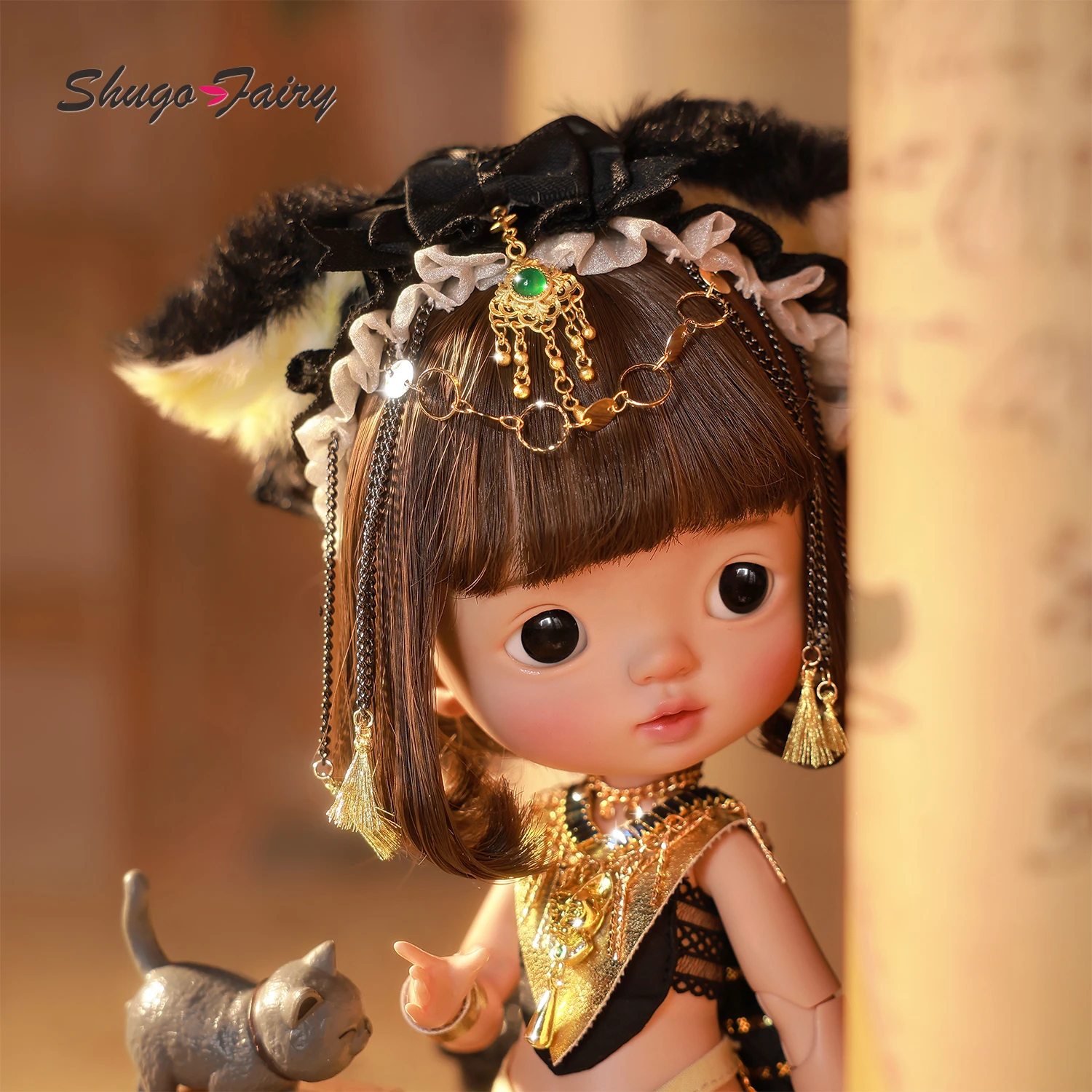 ShugaFairy Xavi D 1/6 BJD المصري - تشيبي باستيت آلهة القط الأسود القطيفة باتون اليدوية الراتنج مجموعة كاملة تحصيل